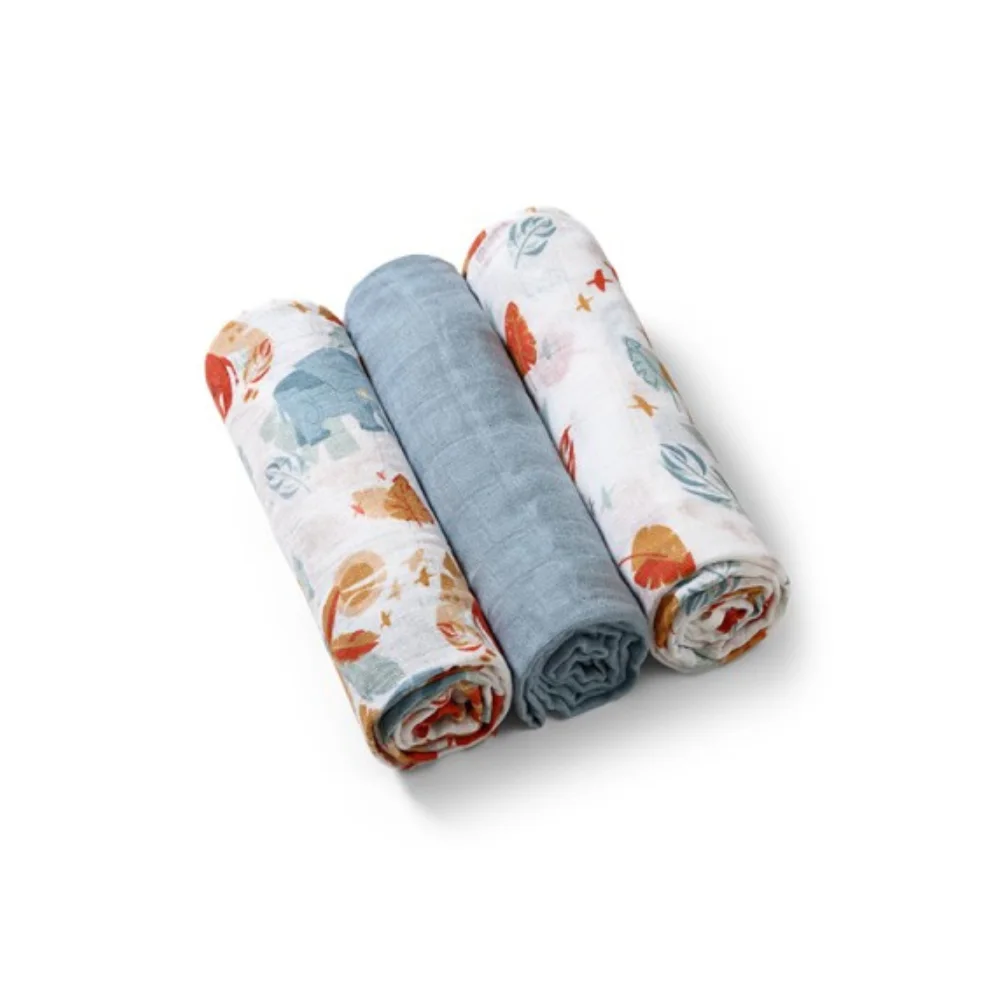 Babyono Set Of 3 Soft Muslin Diapers Blue Animals