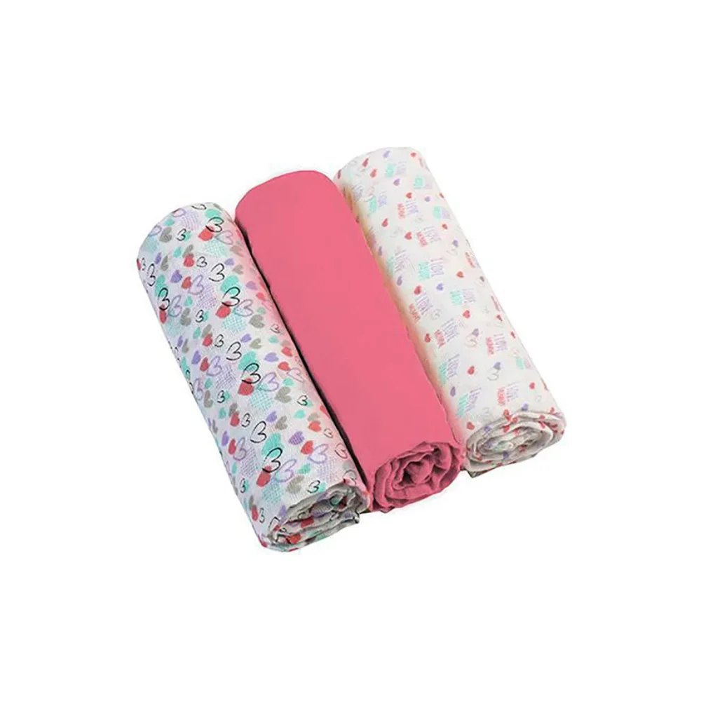 Babyono Set Of 3 Soft Muslin Diapers Pink Hearts